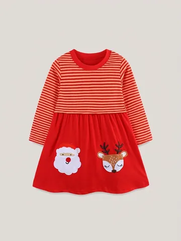 Weihnachten Mädchen Baumwolle Langarm Kleid Gestreift Weihnachtsmann Rentier Stickerei Patchwork Prinzessin Kleid Party Kleidung