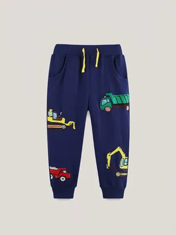 Jungen Baumwolle Jogginghose Mit Cartoon Kranich Stickerei Kleinkinder Kinder Marineblau Lässige Joggerhose Elastische Taille