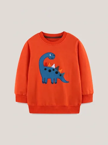 Jungen Langarm Sweatshirt Baumwolle Cartoon Dinosaurier Applikation Rundhals Pullover Kinder Lässig Sportlich Herbst Orange Top