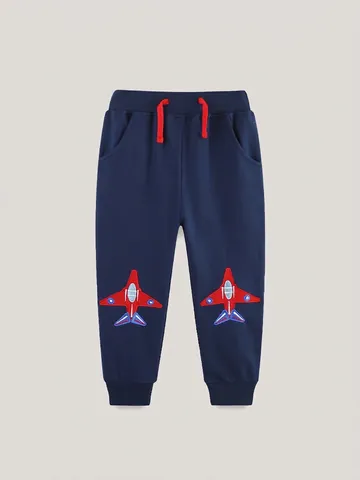 Pantalon de Jogging en Coton pour Garçons Broderie Avion Style Occidental Automne Pantalon de Sport Décontracté avec Cordon Bleu Marine