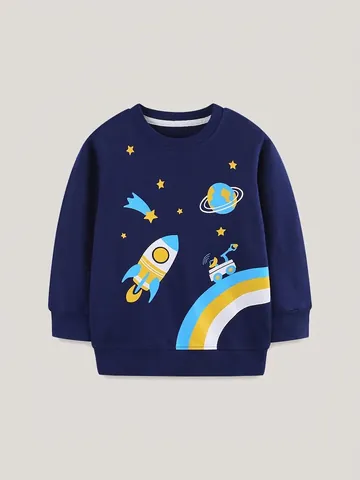 Felpa da Ragazzo Blu Notte con Stampa Razzo Spaziale a Maniche Lunghe in Cotone Casual Girocollo Pullover per Bambini