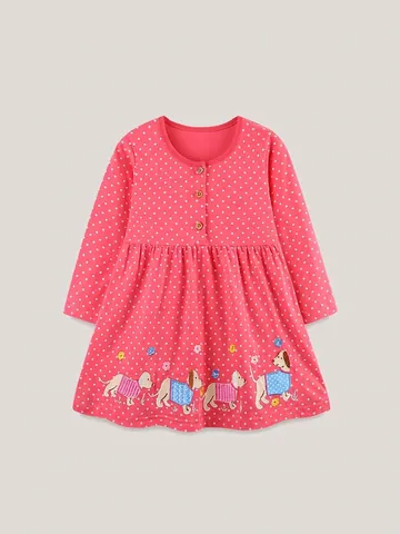 Mädchen Langarm Baumwollkleid Punktmuster Süßer Prinzessinnen-Stil Welpen-Stickerei Herbst Rundhals Magenta Kinderbekleidung