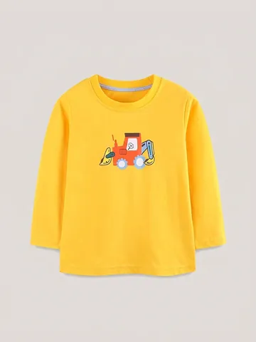 Maglietta a Maniche Lunghe in Cotone per Ragazzi Giallo Brillante con Stampa Escavatore Girocollo Casual Bambini