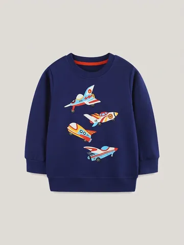 Felpa Pullover da Ragazzo con Stampa di Aerei Cartoni Animati 100% Cotone Girocollo Manica Lunga Top Casual per Bambini