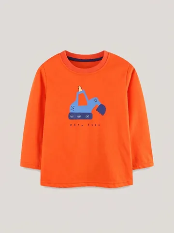 Jungen Langarm Baumwolle T-Shirt Mode Cartoon Bagger Druck Herbst Kinder Base Layer Top Orange Lässige Kleidung