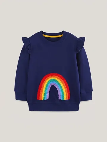 Mädchen Casual Baumwolle Regenbogen Bestickt Sweatshirt Rüschen Schulter Langarm Dunkelblau Kinder Herbst Pullover Tops