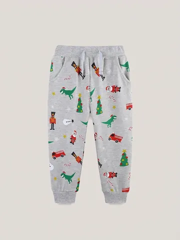 Boys Christmas Joggers Cotton Elastic Waist Drawstring Pants Festive Cartoon Dinosaur Santa Print Autumn Winter Sweatpants