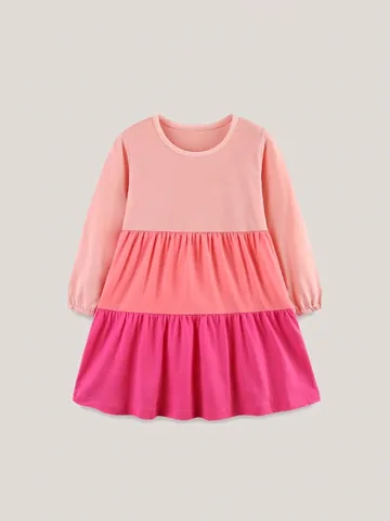 Mädchen Langarm Baumwolle Gestuftes Prinzessinnenkleid Casual Rosa Color Block Strick Patchwork Kleid Für Kinder Herbst Frühling