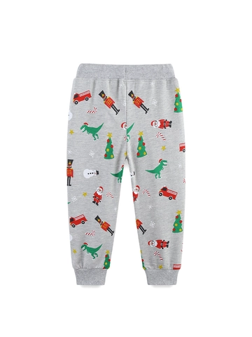 Boys Christmas Joggers Cotton Elastic Waist Drawstring Pants Festive Cartoon Dinosaur Santa Print Autumn Winter Sweatpants