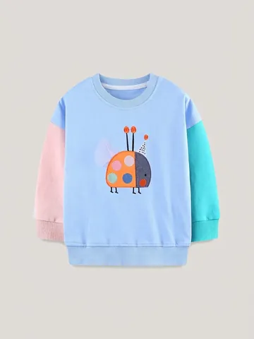 Sudadera de Algodón con Bloques de Color para Niña Estilo Occidental Bordado de Mariquita de Dibujos Animados Cuello Redondo Pullover