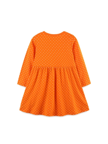 Vestito a Maniche Lunghe in Maglia di Cotone 100% per Bambina Arancione a Pois Ricamo Trattore Cartone Animato Linea A