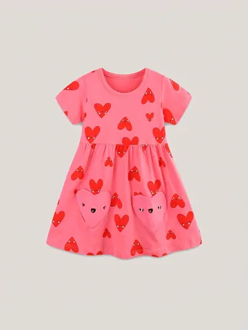 Robe Fille 100% Coton Manches Courtes Rose Imprimé Coeur Style Princesse Robe Été Décontractée Avec Poches Pour Enfants