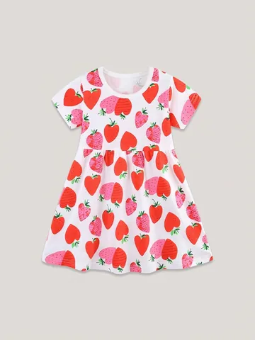 Mädchen Sommer Kurzarm Baumwollkleid Süße Erdbeere Gedruckt Kinder Prinzessin Kleid Für Kinder Im Alter Von 2-7 Jahren Weiß