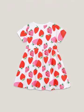 Mädchen Sommer Kurzarm Baumwollkleid Süße Erdbeere Gedruckt Kinder Prinzessin Kleid Für Kinder Im Alter Von 2-7 Jahren Weiß