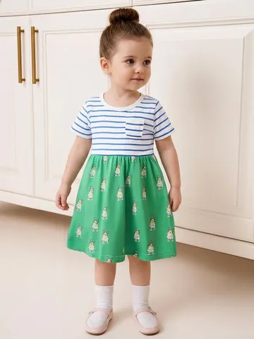 Mädchen Casual Baumwolle Kurzarm Kleid Blau Weiß Gestreift Patchwork Französische Bulldogge Cartoon Druck Grün Rock Sommer Kinderkleidung