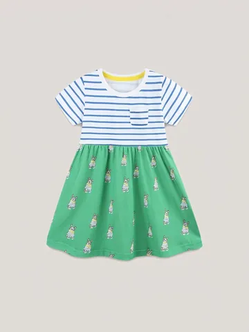Mädchen Casual Baumwolle Kurzarm Kleid Blau Weiß Gestreift Patchwork Französische Bulldogge Cartoon Druck Grün Rock Sommer Kinderkleidung