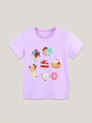 Maglietta da Bambina a Maniche Corte Estiva in Morbido Cotone con Stampa Cartoon Dessert Girocollo Casual Top 2-7 Anni