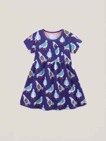 Mädchen Baumwolle Kurzarm Kleid Cartoon Taube Drucken Lässig Rundhalsausschnitt Sommer A-Linie Kleid Kinder Boutique Kleidung