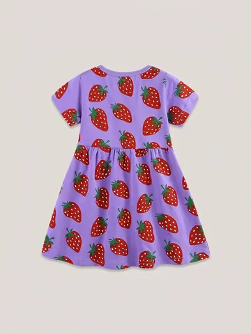 Mädchen Kurzarm Erdbeere Druck Kleid 100% Baumwolle Lila Sommer Casual Prinzessin Kleid Für Kleinkinder Kinder