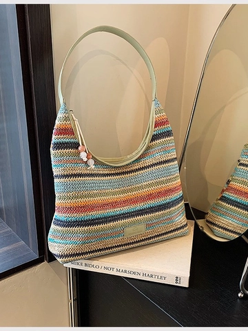 Bohemian Rainbow Striped Woven Tote Bag Large Capacity Straw Shoulder Bag For Women Summer Beach Vacation Handbag With Bead Tassel