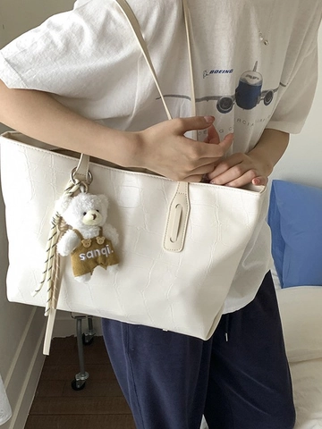 Sac Fourre-tout pour Femme en Cuir PU avec Motif Crocodile Grande Capacité Sac à Épaule Minimaliste Avec Charme d'Ours en Peluche