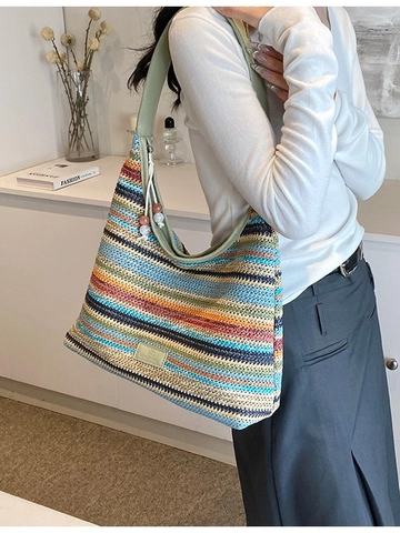 Bohemian Rainbow Striped Woven Tote Bag Large Capacity Straw Shoulder Bag For Women Summer Beach Vacation Handbag With Bead Tassel