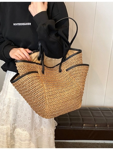 Women Large Capacity Straw Woven Tote Bag Casual Beach Vacation Shoulder Bag With Contrast Leather Trim Fashion Basket Bag