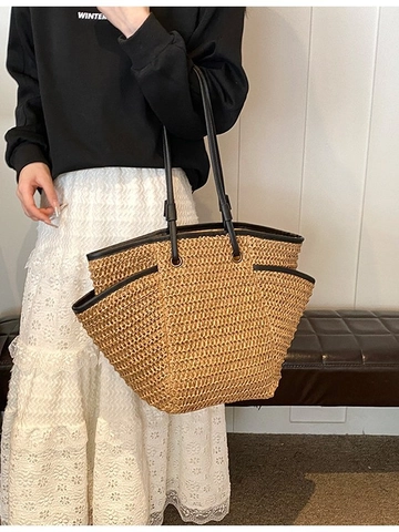 Women Large Capacity Straw Woven Tote Bag Casual Beach Vacation Shoulder Bag With Contrast Leather Trim Fashion Basket Bag