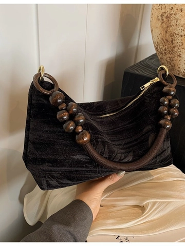 Vintage Damen Umhängetasche Mit Holzperlengriff Neuer Chinesischer Stil Samt Gewebte Hobo Unterarmtasche Elegante Lässige Tote
