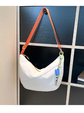 Retro Lässig Segeltuch Dumpling Umhängetasche Für Damen Große Kapazität Crescent Moon Hobo Tasche Mit Kontrast Orange Gurt