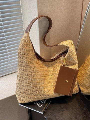 Women Large Straw Woven Hobo Shoulder Bag With Small Leather Pouch Summer Beach Vacation Bohemian Handmade Tote Bag