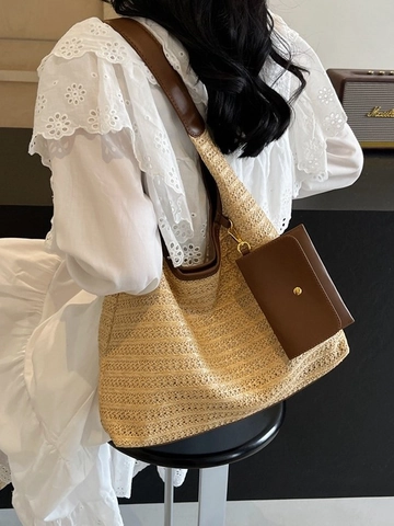 Women Large Straw Woven Hobo Shoulder Bag With Small Leather Pouch Summer Beach Vacation Bohemian Handmade Tote Bag