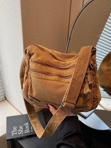 Large Canvas Crossbody Bag For Women Vintage Multi Zipper Pocket Shoulder Bag Casual Commute Tote Messenger Bag Solid Color