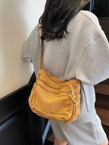 Large Canvas Crossbody Bag For Women Vintage Multi Zipper Pocket Shoulder Bag Casual Commute Tote Messenger Bag Solid Color