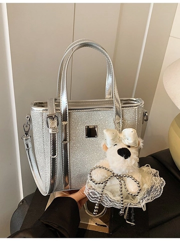 Sac Seau Femme en Cuir PU Pailleté Argenté Style Coréen Minimaliste Texture de Vagues Sac à Bandoulière Avec Pendentif Chien en Peluche
