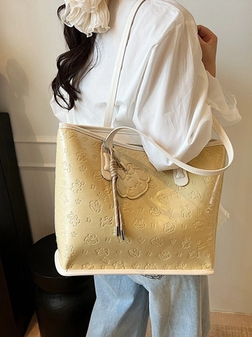 Grand Sac Fourre-tout en Cuir PU pour Femmes Motif Animal de Dessin Animé Gauffré Sac à Épaule Sac à Main Décontracté avec Pendentif