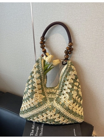 Borsa a Tracolla Bohemien in Paglia Tessuta a Mano Borsa Tote Geometrica Traforata Con Tracolla in Perline di Legno