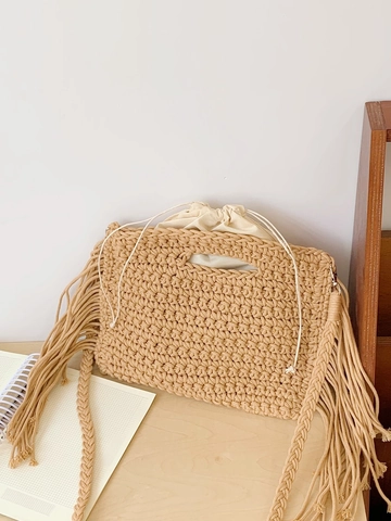 Bohemian Handmade Woven Cotton Rope Shoulder Bag For Women Large Capacity Fringe Tassel Tote Bag Beach Vacation Casual Bag