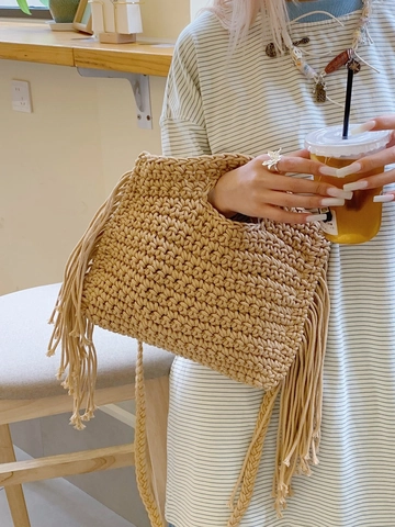 Bohemian Handmade Woven Cotton Rope Shoulder Bag For Women Large Capacity Fringe Tassel Tote Bag Beach Vacation Casual Bag