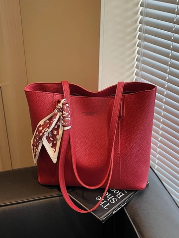 Sac Cabas en Cuir PU de Grande Capacité Motif Litchi pour Femmes Design Minimaliste avec Foulard en Soie Décoratif