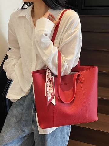 Sac Cabas en Cuir PU de Grande Capacité Motif Litchi pour Femmes Design Minimaliste avec Foulard en Soie Décoratif