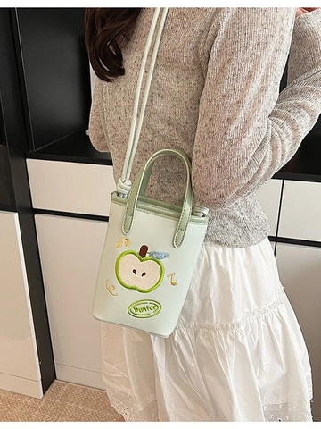 Mini Sac Seau Broderie de Pomme pour Femmes en Cuir PU Mode Sac à Bandoulière Unique Sac de Téléphone Portable Vert Blanc