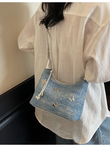 Sac à Épaule Papillon en PU Aspect Denim Y2K pour Femmes Mode Nœud Sac Dumpling Sac à Main Tendance Sous le Bras