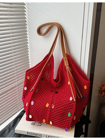 Bolso Tote de Punto para Mujer Bolso de Hombro de Ganchillo Bohemio Gran Capacidad Con Lentejuelas de Colores para Vacaciones