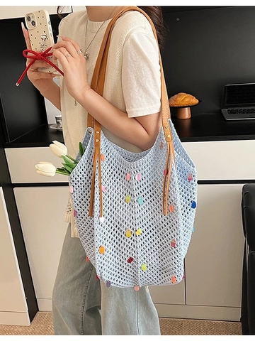 Bolso Tote de Punto para Mujer Bolso de Hombro de Ganchillo Bohemio Gran Capacidad Con Lentejuelas de Colores para Vacaciones