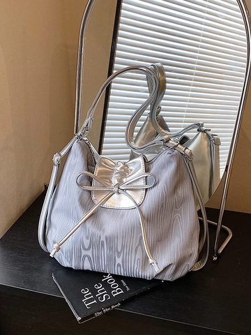 Mochila de Cuero PU Metálico para Mujer Gran Capacidad Bolso de Hombro Plisado con Cordón y Lazo Bolso Tote de Viaje para Diario