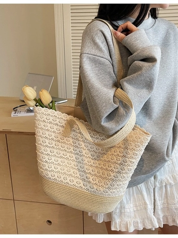 Borsa Tote in Paglia a Grande Capacità Con Design in Pizzo Floreale all'Uncinetto Per Donna Borsa a Spalla da Spiaggia
