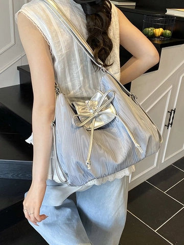 Mochila de Cuero PU Metálico para Mujer Gran Capacidad Bolso de Hombro Plisado con Cordón y Lazo Bolso Tote de Viaje para Diario