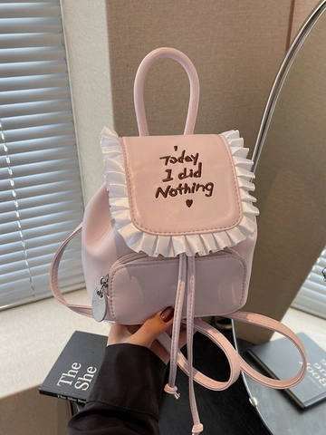 Mini Sac à Dos en Cuir PU pour Femmes Avec Volants Motif Lettres Brodées Petit Sac d'École Mode pour Navette Quotidienne