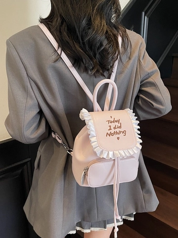 Mini Sac à Dos en Cuir PU pour Femmes Avec Volants Motif Lettres Brodées Petit Sac d'École Mode pour Navette Quotidienne